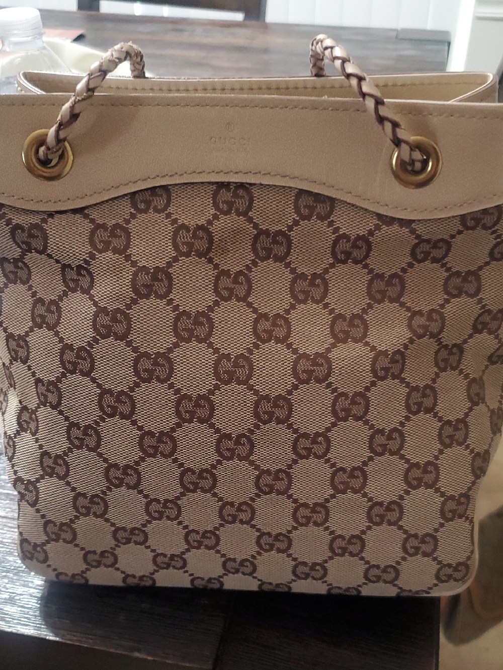 Gucci Beige and Brown GG Canvas Drawstring Tote with Braided Handles